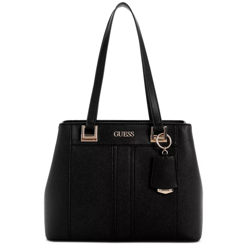 A black Guess Trixy Shopper bag featuring dual shoulder straps, a structured design, and gold-tone hardware with the brand logo on the front.