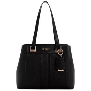 A black Guess Trixy Shopper bag featuring dual shoulder straps, a structured design, and gold-tone hardware with the brand logo on the front.