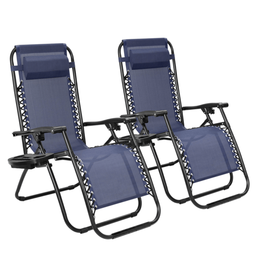 Two blue folding zero gravity chairs with adjustable headrests and armrests, featuring a sturdy black frame and built-in cup holders.