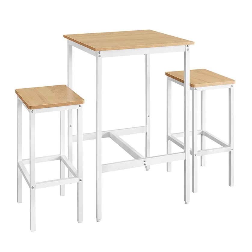 A compact 3-piece kitchen bar set with a square wooden tabletop and two matching stools, all featuring sleek white metal frames.