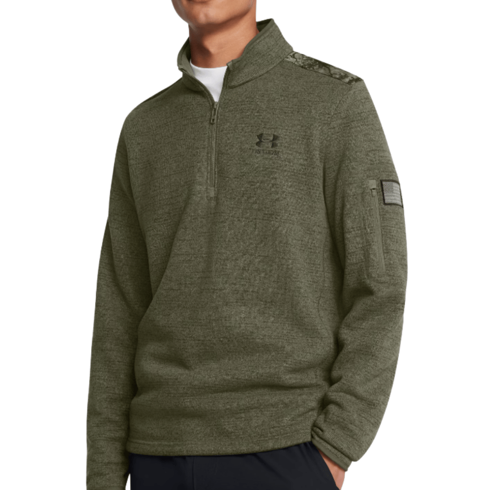 Olive green quarter-zip pullover with a subtle logo on the chest, shoulder detail, and a small zippered pocket on the sleeve.