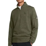 Olive green quarter-zip pullover with a subtle logo on the chest, shoulder detail, and a small zippered pocket on the sleeve.