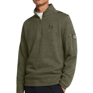 Olive green quarter-zip pullover with a subtle logo on the chest, shoulder detail, and a small zippered pocket on the sleeve.