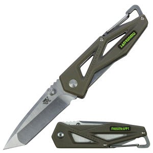 Folding knife with an open frame design, featuring a silver blade and olive green handle. Includes a carabiner clip for easy attachment.