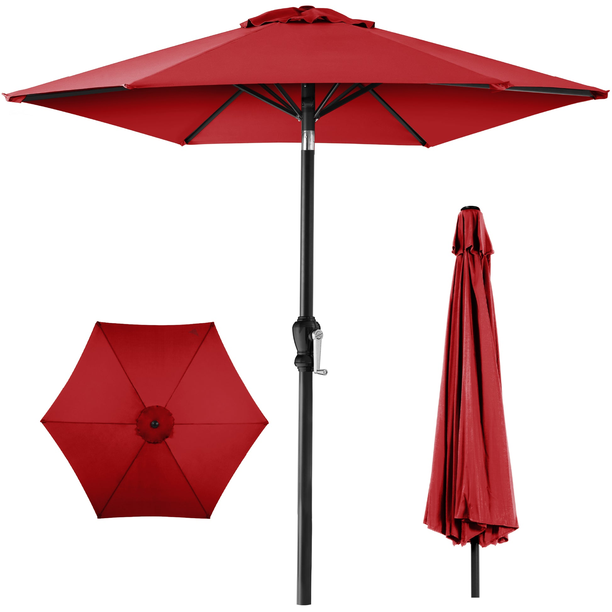 Red patio umbrella with a crank handle, shown open, closed, and from a top view.