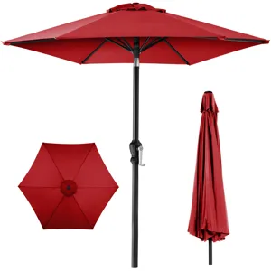 Red patio umbrella with a crank handle, shown open, closed, and from a top view.