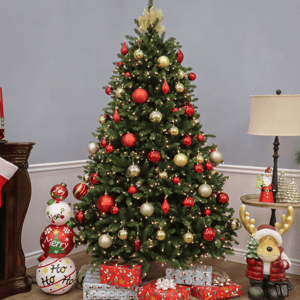 7.5' Fir Christmas Tree with clear lights, adorned with red and gold ornaments. Presents wrapped in festive paper sit beneath, alongside a holiday-themed sculpture and decorative candles on a nearby table.