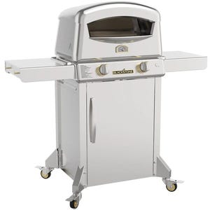 The Blackstone Pizza Oven is a stainless steel outdoor pizza oven with a thermometer and controls on the front panel. It features collapsible side shelves and has wheels for mobility.