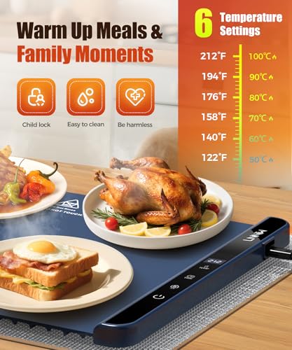 Electric warming tray with 6 temperature settings (122°F to 212°F), featuring child lock, easy cleaning, and safe materials, shown with various meals.