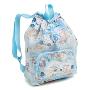 Vera Bradley mesh drawstring backpack with a pastel beach-themed design, featuring seashell and starfish graphics. It has adjustable light blue straps, a front zip pocket, and a drawstring closure.