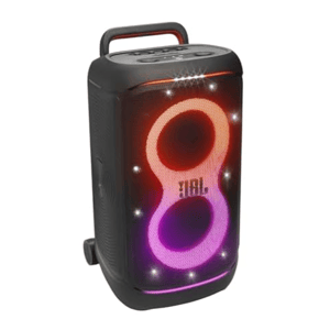 Bluetooth speaker with colorful LED lights forming the number \“8,\“ featuring a handle and wheels for portability.