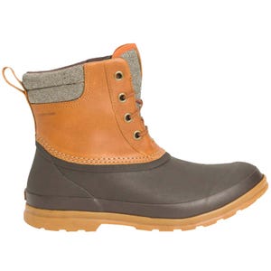 A brown and tan duck boot with a rubber sole, textile lining, and lace-up closure.
