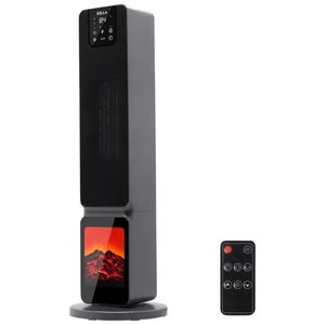A 26-inch tall electric heater with a digital display and simulated flames, accompanied by a remote control.