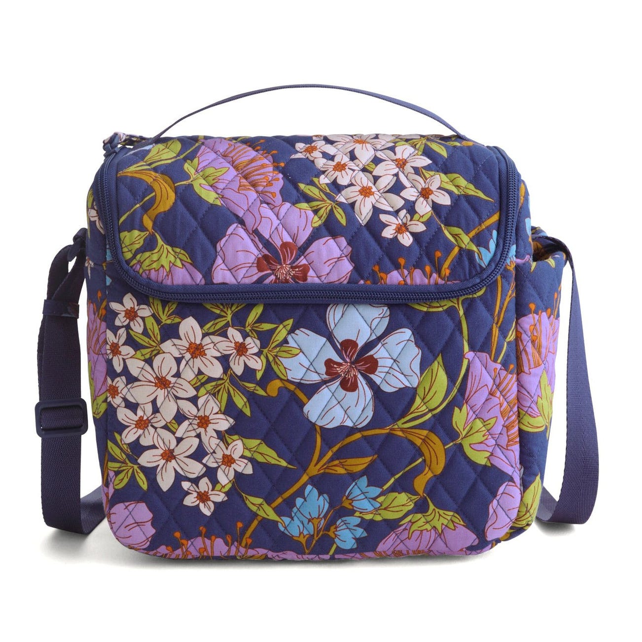 A quilted shoulder bag with floral patterns in blue, purple, white, and pink, featuring a top handle and adjustable strap.