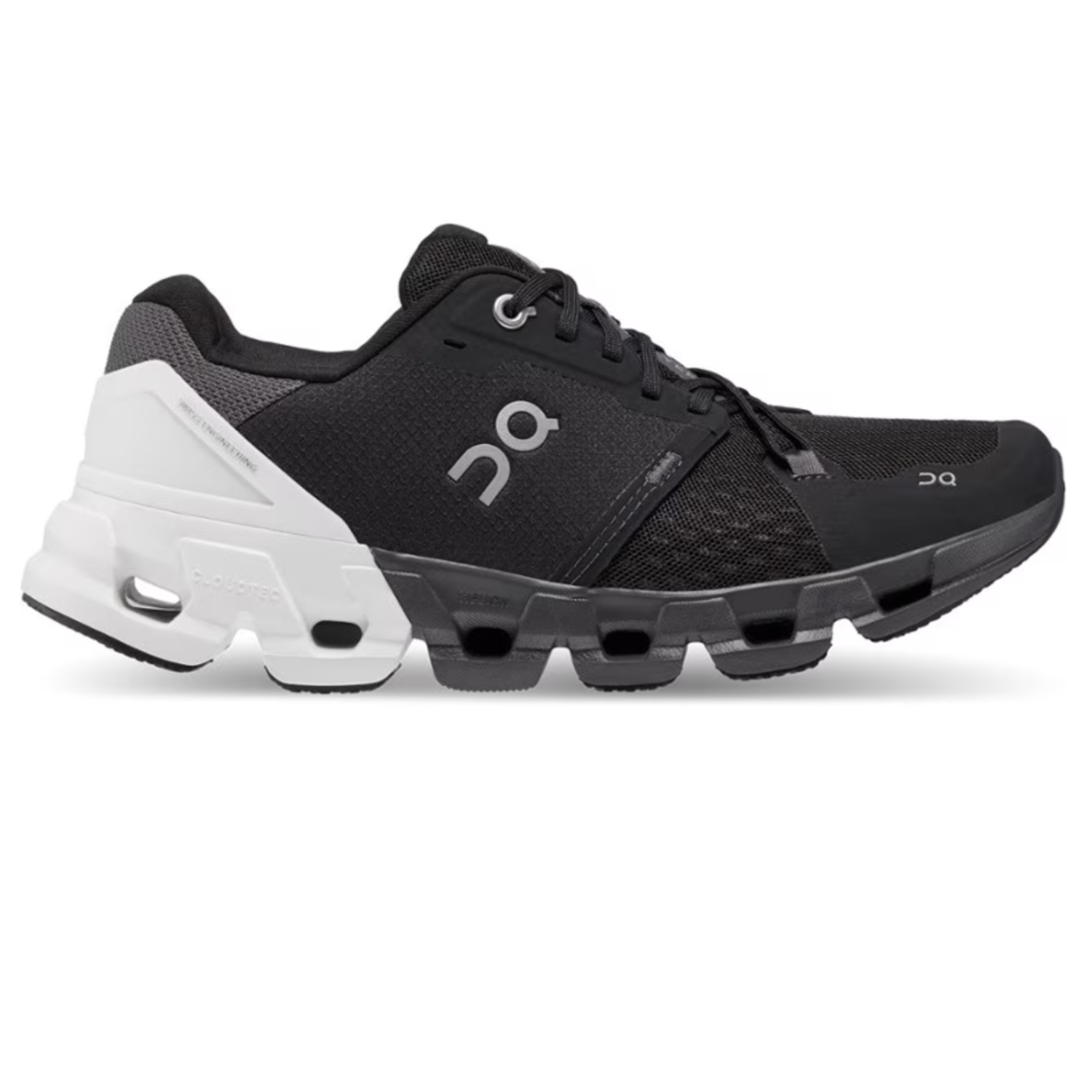On Women's Cloudflyer 4 Shoes feature a black mesh upper with supportive overlays, a distinct white and black CloudTec midsole for cushioning, and the On logo on the side. Designed for stability and comfort during running or walking.