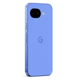 A blue smartphone with a single rear camera, flash, and a \“G\“ logo on the back, featuring flat sides and buttons along the edge.