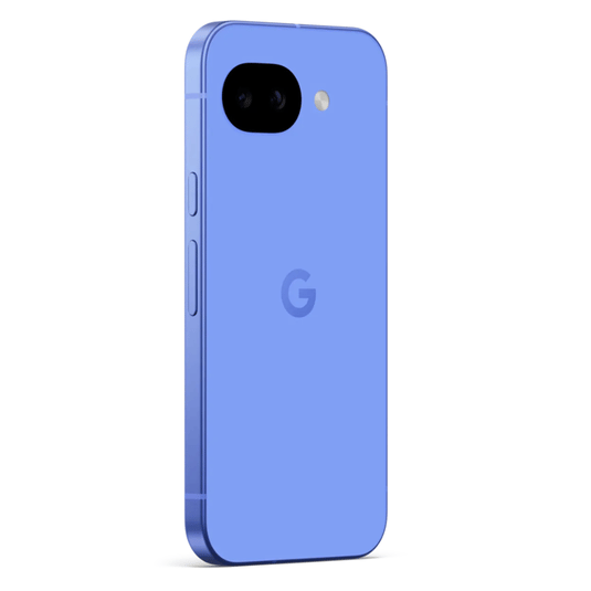 A blue smartphone with a single rear camera, flash, and a \“G\“ logo on the back, featuring flat sides and buttons along the edge.