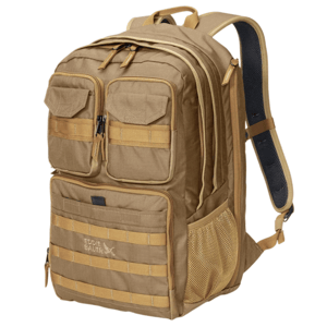 A tan Eddie Bauer backpack featuring multiple compartments, front pockets with zippers, and mesh side pockets, designed for utility and outdoor use.