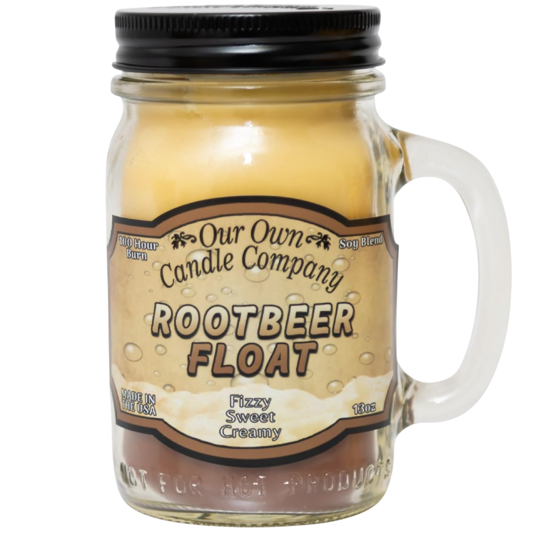 Our Own Candle Company's soy blend candle in a mason jar has a \“Rootbeer Float\“ scent, described as fizzy, sweet, and creamy, with a burn time of 100 hours and weighing 13 oz. Made in the USA.