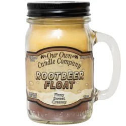 Our Own Candle Company's soy blend candle in a mason jar has a \“Rootbeer Float\“ scent, described as fizzy, sweet, and creamy, with a burn time of 100 hours and weighing 13 oz. Made in the USA.
