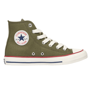 A green Converse Chuck Taylor All Star high-top sneaker with white laces and a white rubber sole featuring a red stripe. The iconic circular logo is on the side.