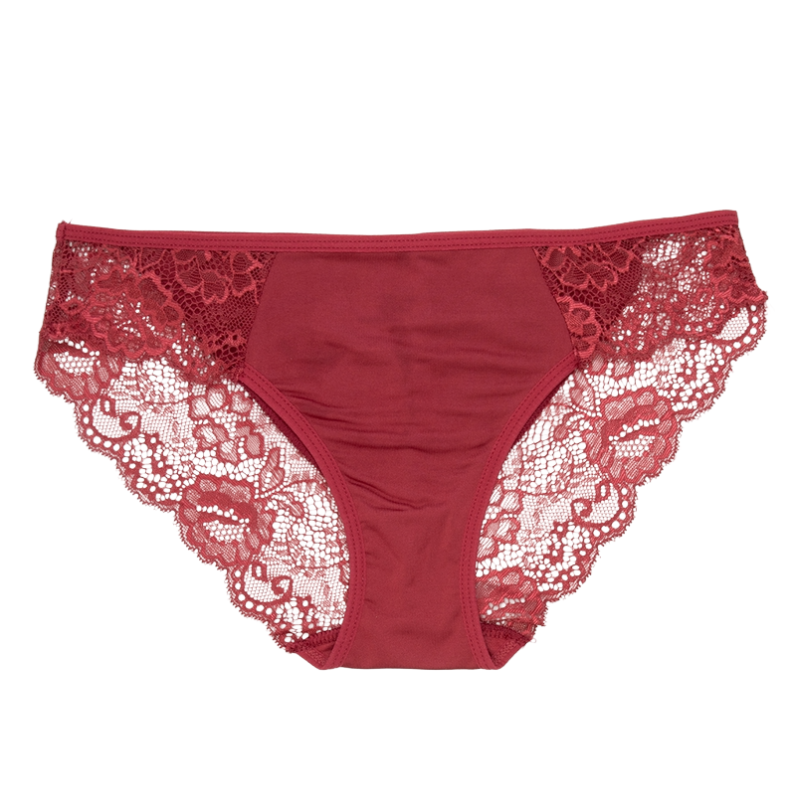 A pair of wine-red lace panties featuring a floral lace design on the sides and a smooth fabric front panel.