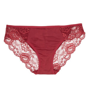 A pair of wine-red lace panties featuring a floral lace design on the sides and a smooth fabric front panel.