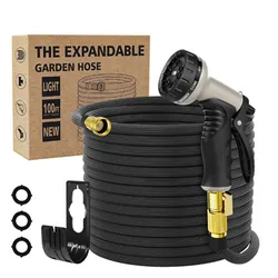 Expandable garden hose kit with a 100ft hose, spray nozzle, wall mount, and spare washers.