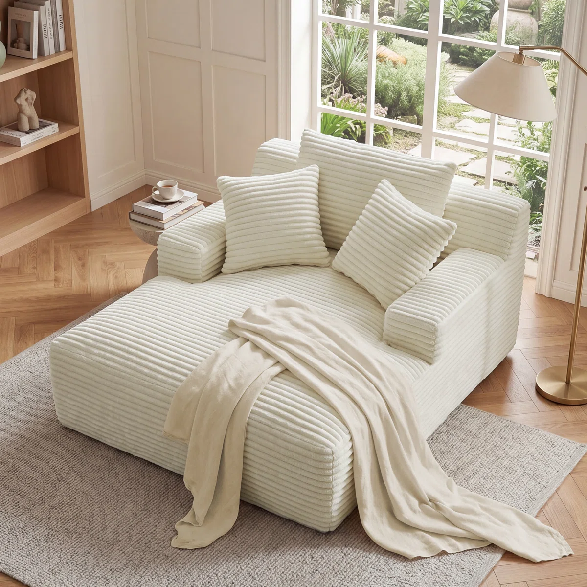A cozy beige corduroy loveseat features plush cushions and a draped blanket, set in a bright room with wooden floors and a large window overlooking a garden.