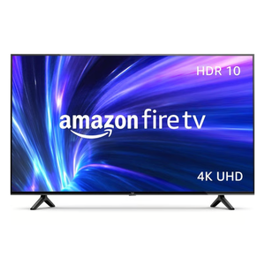Amazon Fire TV with HDR 10 and 4K UHD capabilities, featuring a visually striking blue and purple swirl design on the screen.