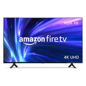 Amazon Fire TV with HDR 10 and 4K UHD capabilities, featuring a visually striking blue and purple swirl design on the screen.