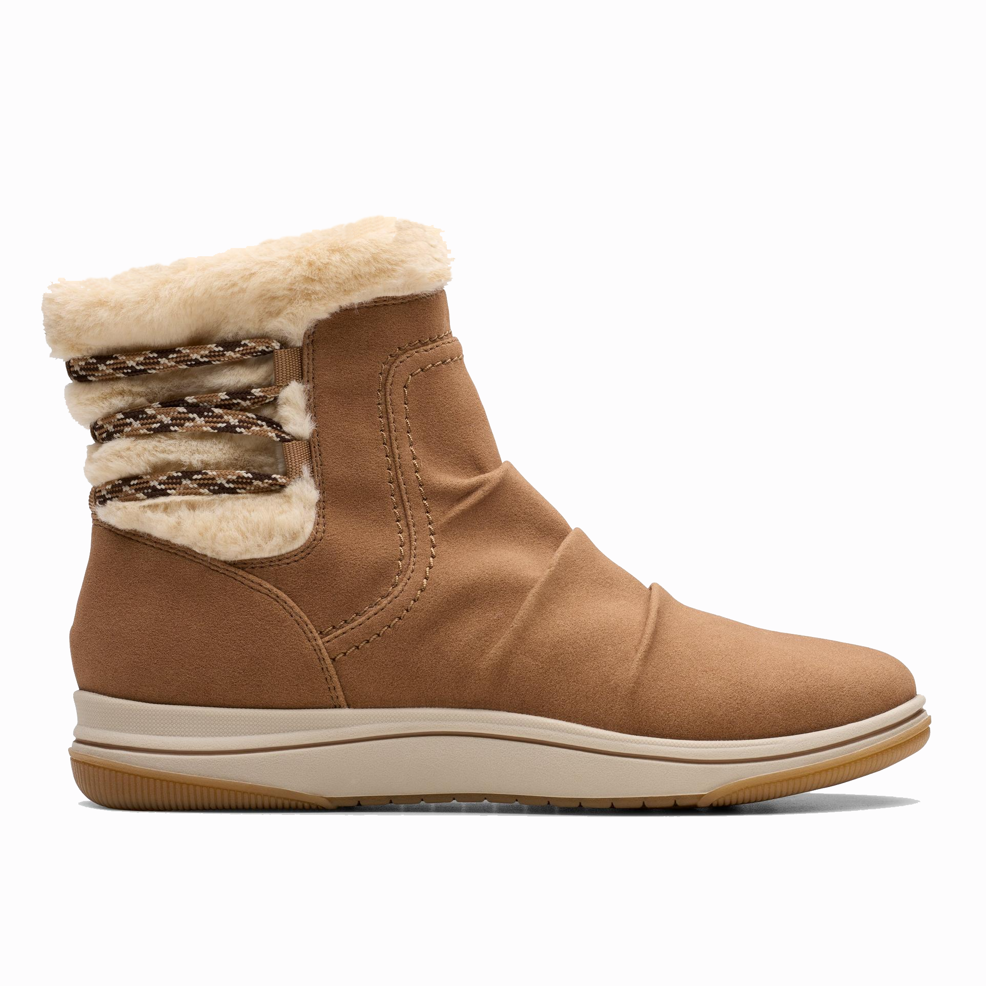 A tan mid-height winter boot with plush lining, decorative stitching, and a padded collar featuring a knit design, set on a treaded sole.