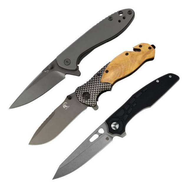 Three folding knives with different designs: one with a sleek gray handle, another featuring a carbon fiber and wood handle, and a third with a black handle and a streamlined look.