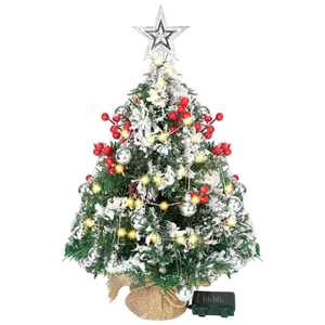 A 24-inch artificial Christmas tree with a burlap base, decorated with red berries, silver ornaments, lights, snow flocking, and topped with a star. Dimensions: 24in (height) x 14in (width).
