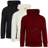 Three hoodies in black, cream, and burgundy, each with a front pocket and adjustable drawstrings.