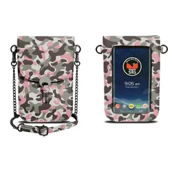 Camo-patterned phone purse with detachable chain strap and touchscreen window, featuring a front flap closure.