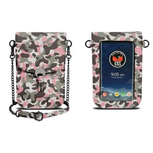 Camo-patterned phone purse with detachable chain strap and touchscreen window, featuring a front flap closure.