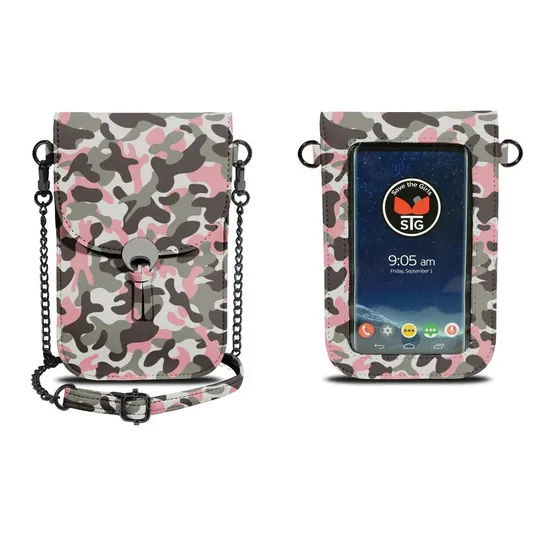 Camo-patterned phone purse with detachable chain strap and touchscreen window, featuring a front flap closure.