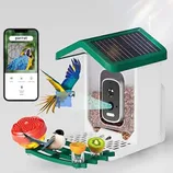 A smart bird feeder with a solar panel, featuring a built-in camera and app connectivity for identifying bird species. It includes sections for seeds, fruit, and water.