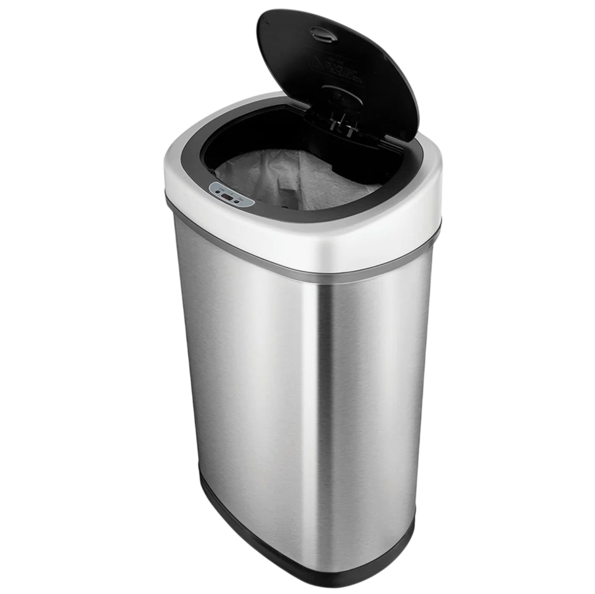 A stainless steel, motion-sensor trash can with a lid, suitable for touchless waste disposal.