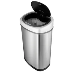A stainless steel, motion-sensor trash can with a lid, suitable for touchless waste disposal.