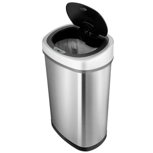 A stainless steel, motion-sensor trash can with a lid, suitable for touchless waste disposal.
