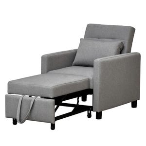 A gray convertible chair with a pull-out footrest and matching pillow.