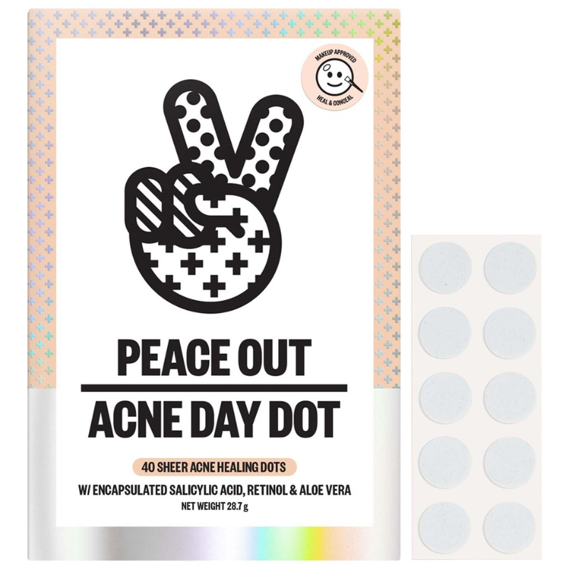 Peace Out Skincare Acne Day Dot features 40 sheer healing dots containing encapsulated salicylic acid, retinol, and aloe vera. They are makeup-approved and designed to heal and conceal acne.