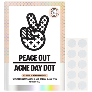 Peace Out Skincare Acne Day Dot features 40 sheer healing dots containing encapsulated salicylic acid, retinol, and aloe vera. They are makeup-approved and designed to heal and conceal acne.