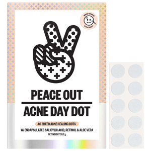 Peace Out Skincare Acne Day Dot features 40 sheer healing dots containing encapsulated salicylic acid, retinol, and aloe vera. They are makeup-approved and designed to heal and conceal acne.
