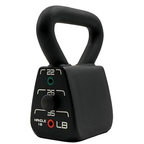 Adjustable kettlebell with a triangular shape, featuring a sturdy handle and a dial for selecting weights of 18, 22, 26, or 35 pounds.