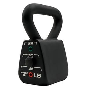 Adjustable kettlebell with a triangular shape, featuring a sturdy handle and a dial for selecting weights of 18, 22, 26, or 35 pounds.