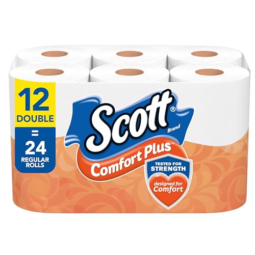 Scott ComfortPlus Toilet Paper, 12 Double Rolls packaging, stating the rolls equal 24 regular rolls and highlighting strength and comfort.