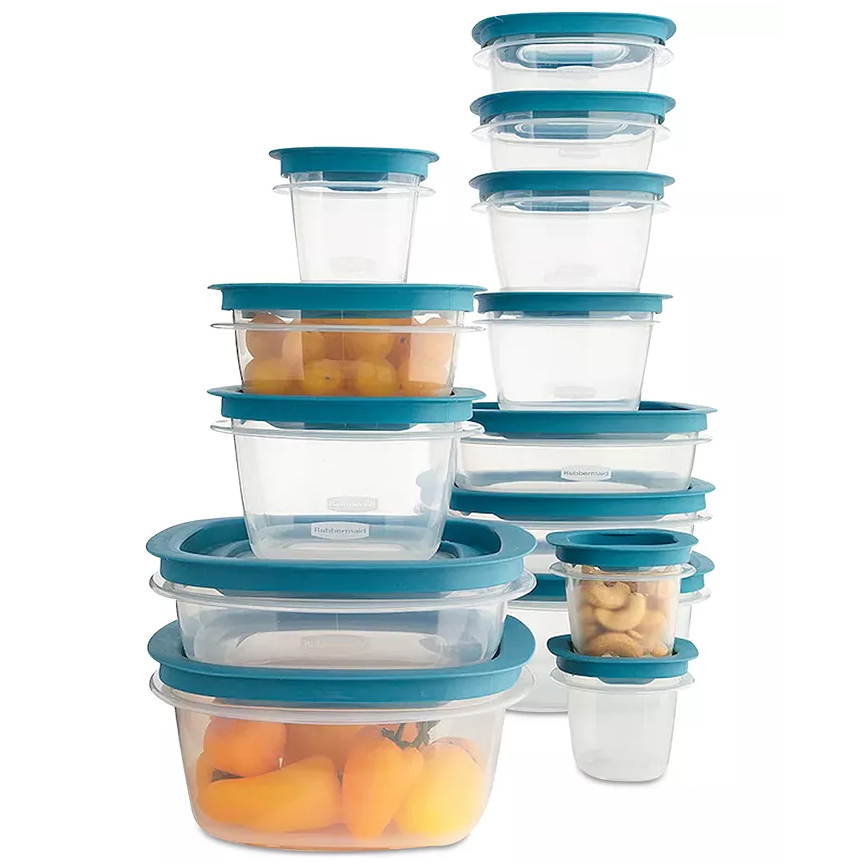 A set of Rubbermaid food storage containers with light blue lids, in various sizes, some filled with food such as fruit and snacks.